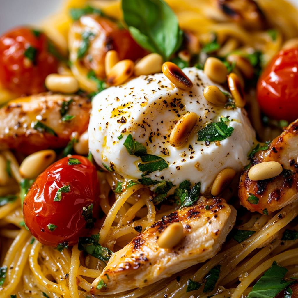 Chicken Spaghetti with Burrata and Lemon Butter Garlic Sauce