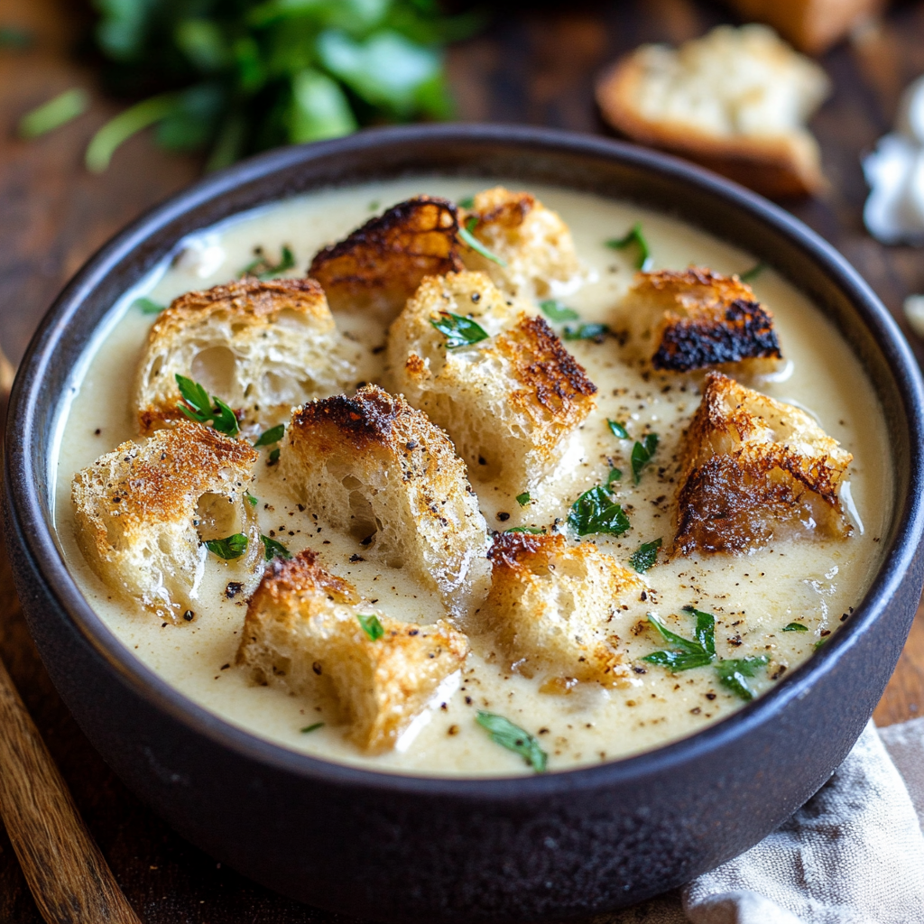 Creamy Garlic Bread Soup with Homemade Croutons