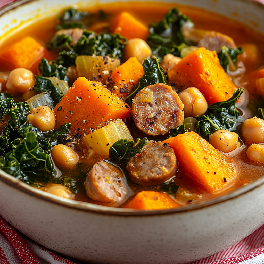 Smokey Sausage, Kale & Sweet Potato Soup