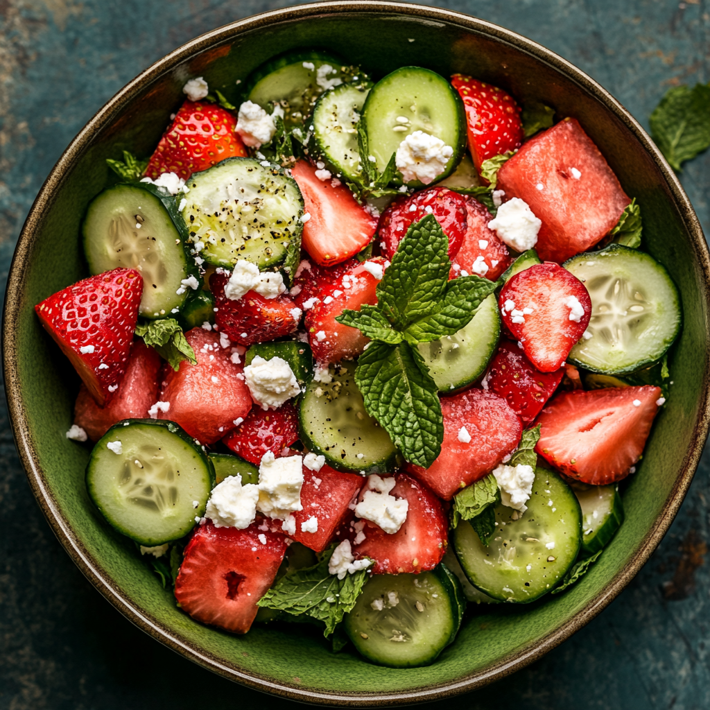 Watermelon Cucumber Salad with Strawberries and Feta