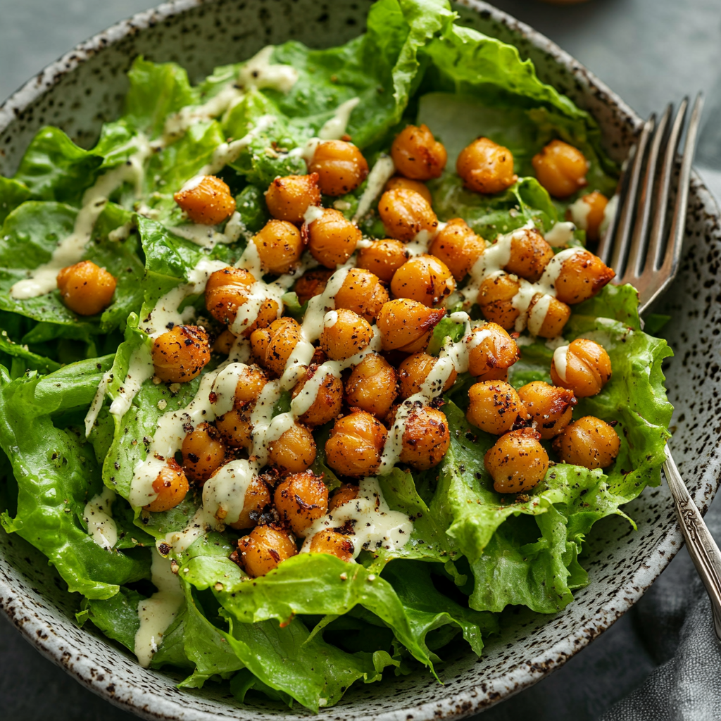 Creamy Vegan Caesar Salad with Roasted Chickpeas and Tahini Caesar Dressing