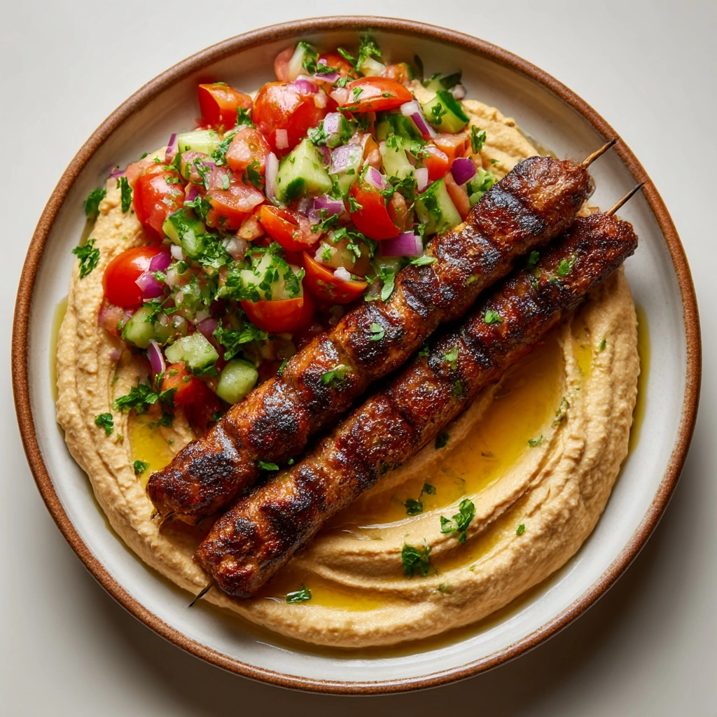 Beef Kefta with Hummus and Tomato Cucumber Salad Recipe
