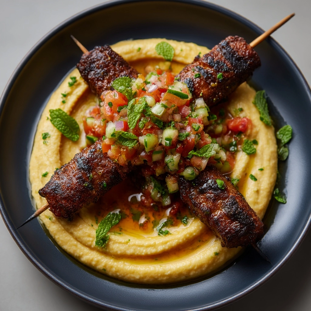 Beef Kefta with Hummus and Tomato Cucumber Salad Recipe - Recipe Image