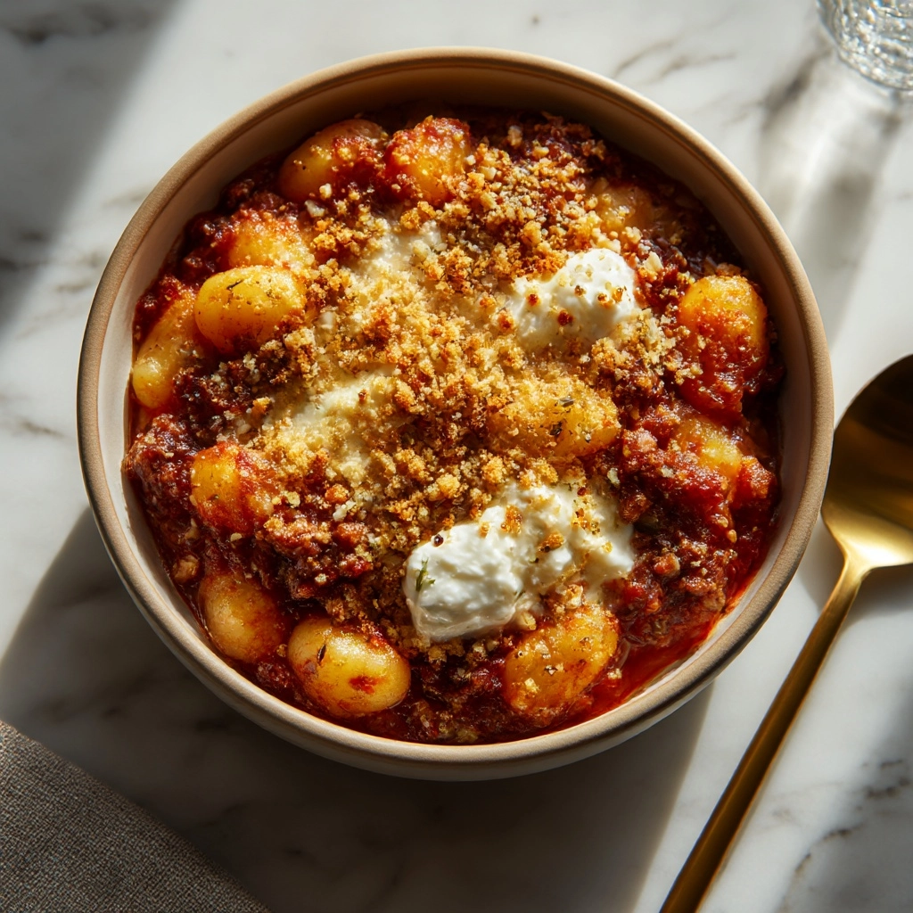 Millionaire Gnocchi with Red Sauce, Herbed Ricotta, and Golden Crispies Recipe - Recipe Image