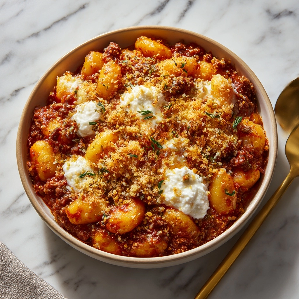 Millionaire Gnocchi with Red Sauce, Herbed Ricotta, and Golden Crispies Recipe - Recipe Image