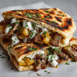 Cheesy Beef and Mushroom Pita Pockets with Tzatziki Sauce