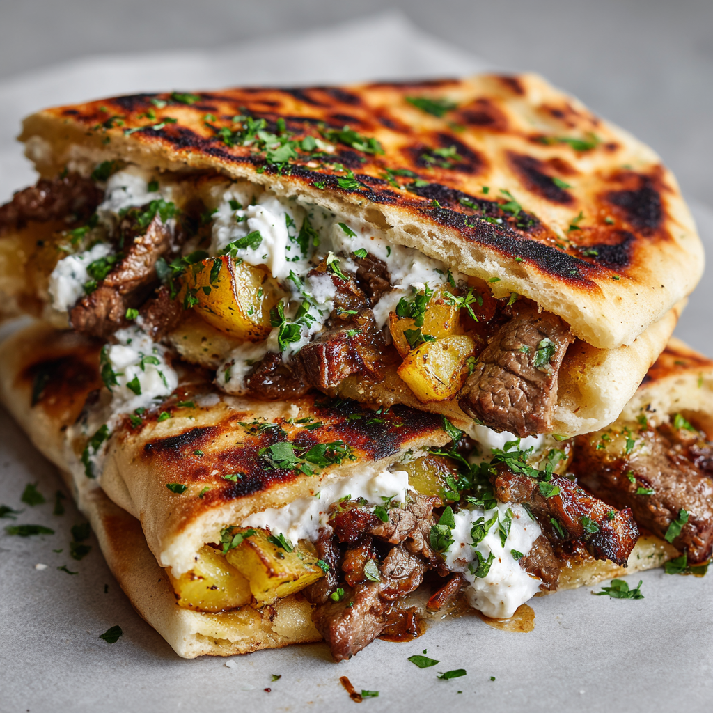 Cheesy Beef and Mushroom Pita Pockets with Tzatziki Sauce