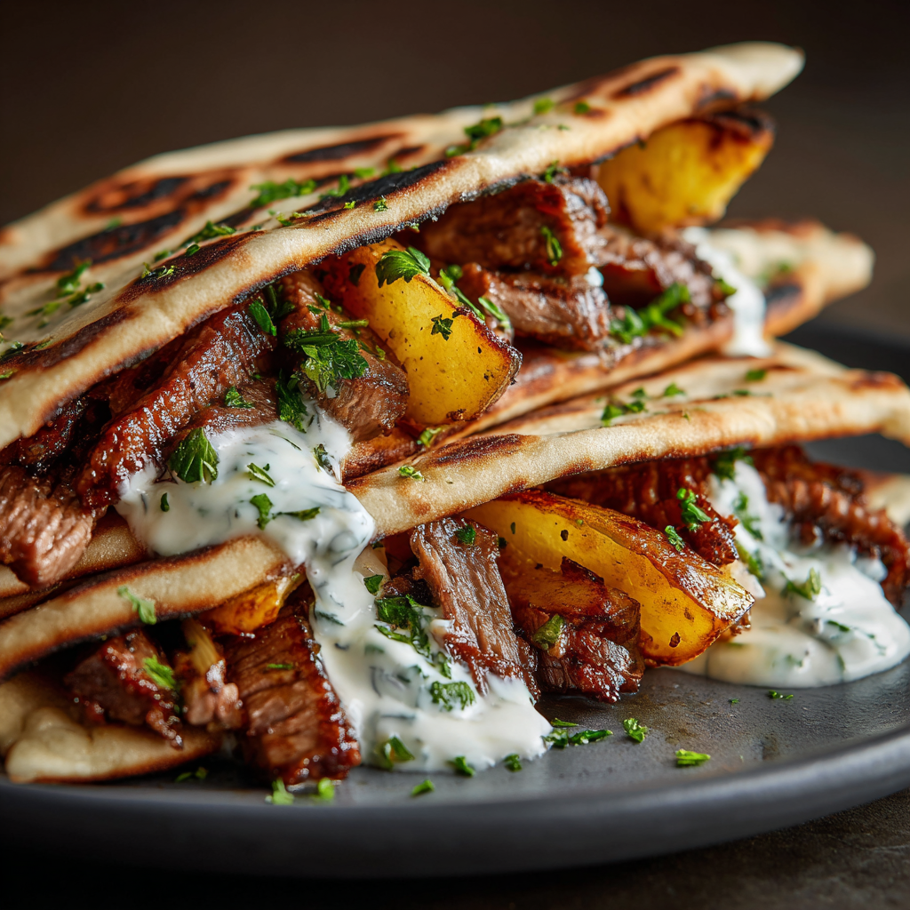 Cheesy Beef and Mushroom Pita Pockets with Tzatziki Sauce