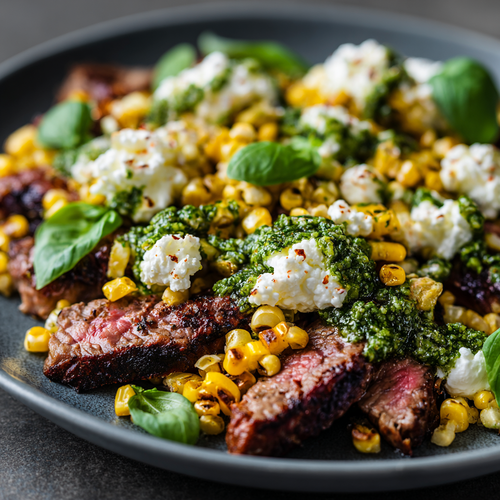 Pesto Steak (Grilled Flank Steak with Burrata & Pesto)