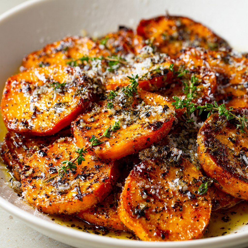Roasted Sweet Potatoes with Garlic and Parmesan
