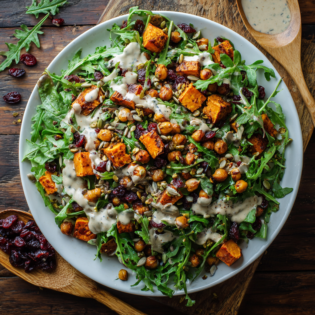 Roasted Sweet Potato and Chickpea Salad with Tahini Sauce
