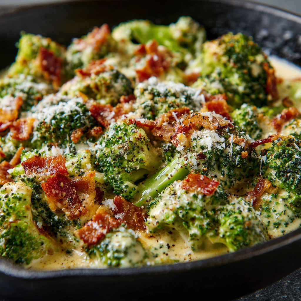 Creamy Garlic Parmesan Broccoli with Bacon