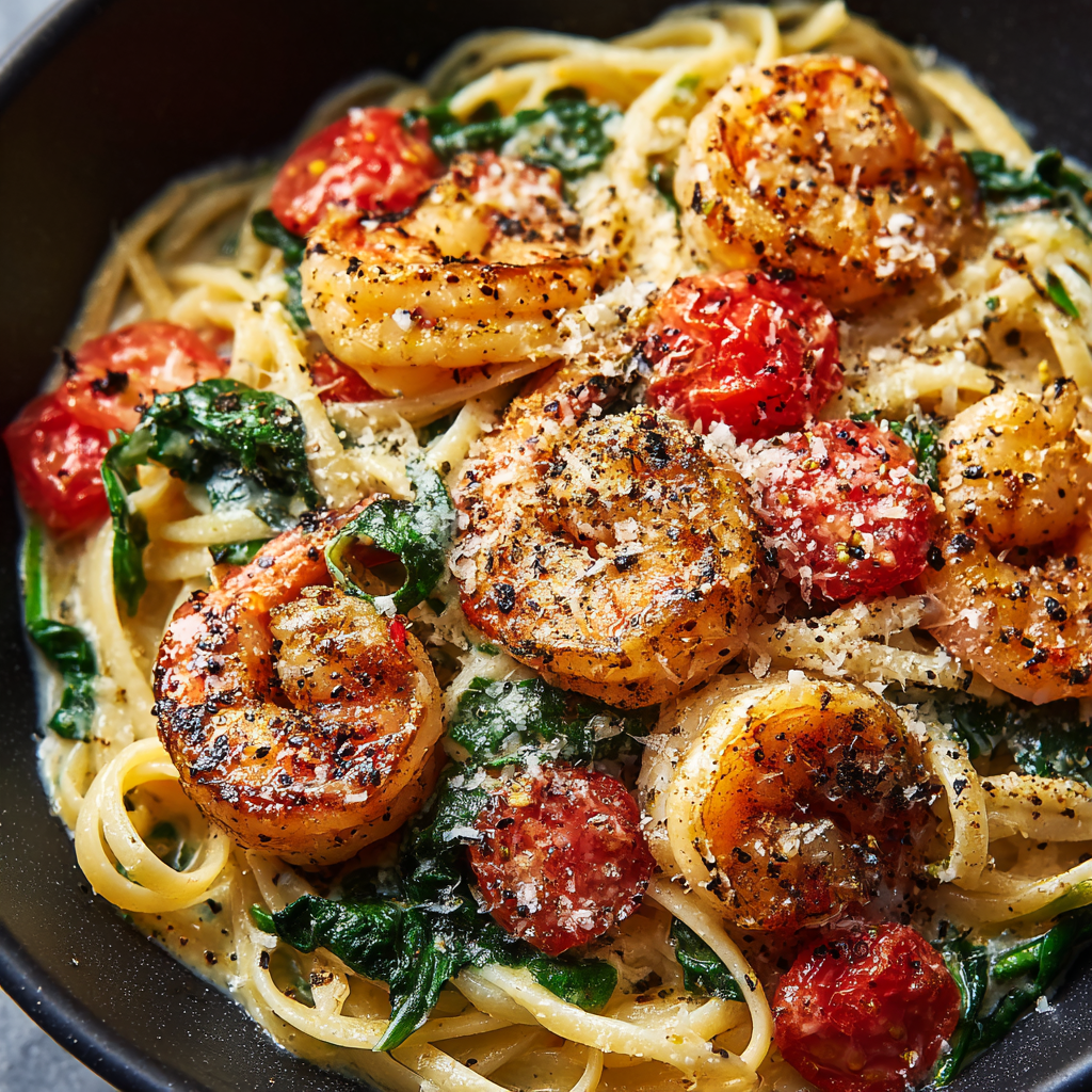 Tomato Spinach Shrimp Pasta