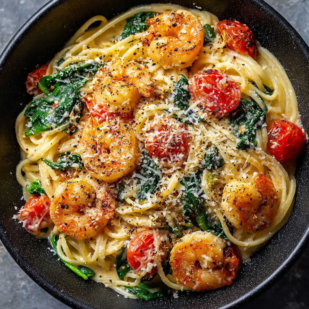 Tomato Spinach Shrimp Pasta