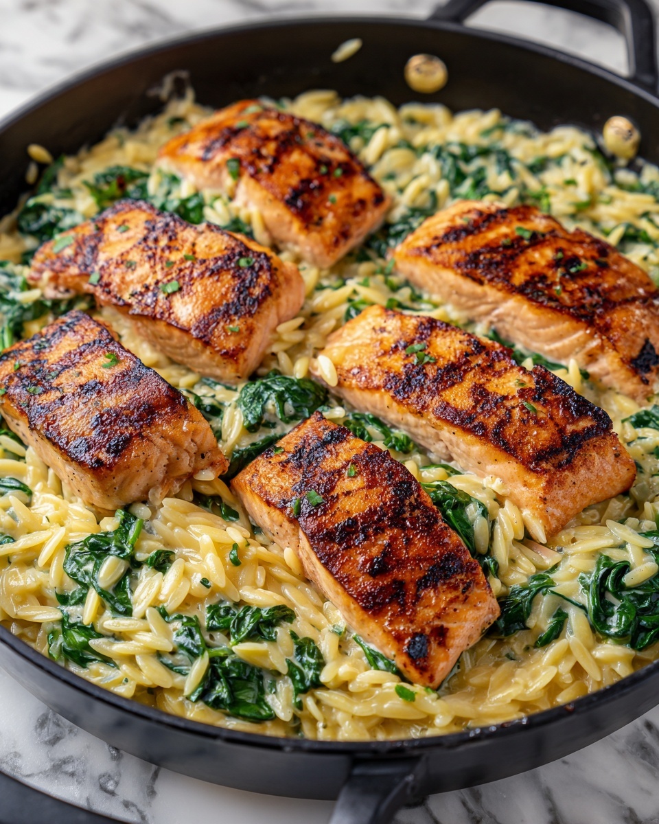 One Skillet Lemon Parmesan Salmon with Orzo Recipe - Recipe Image
