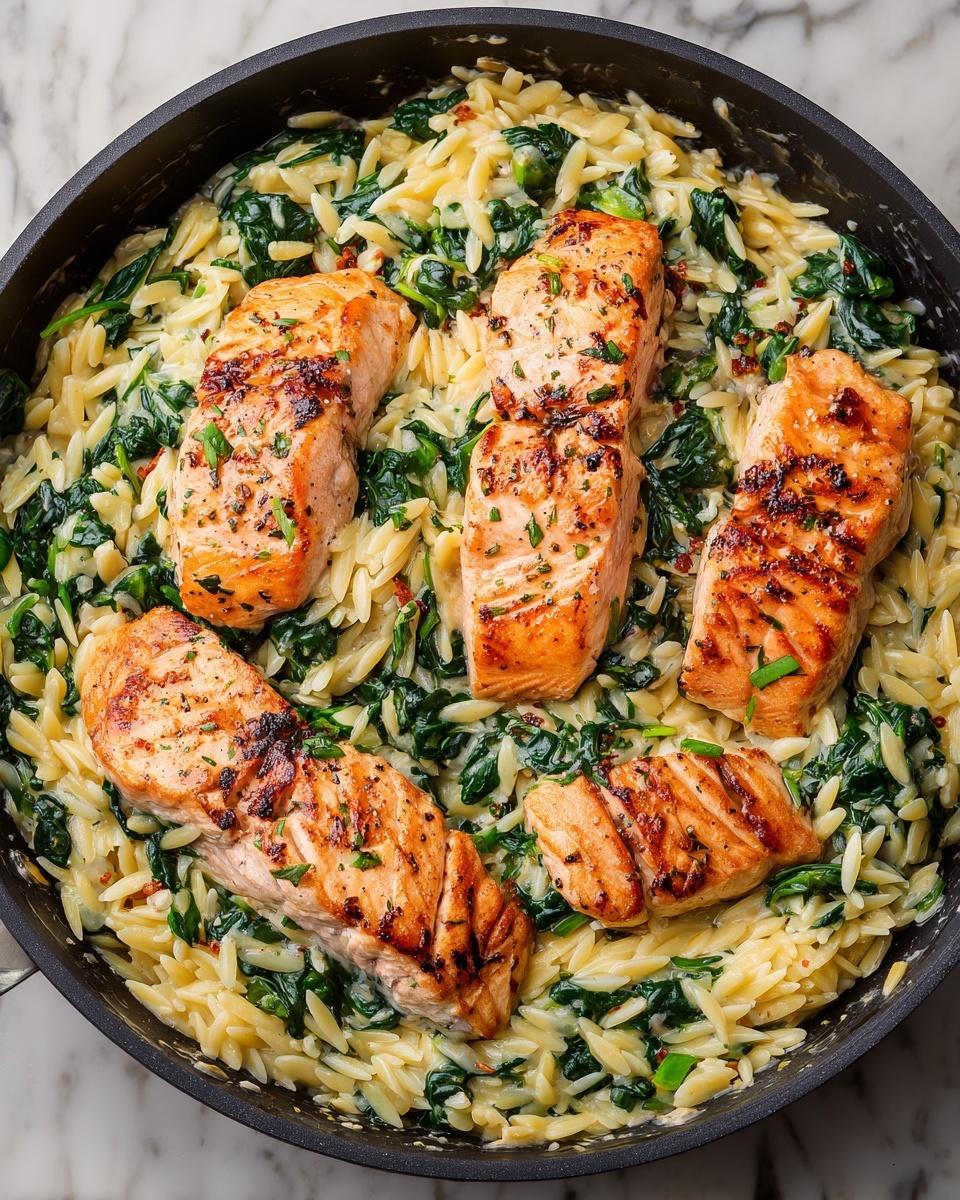 One Skillet Lemon Parmesan Salmon with Orzo Recipe - Recipe Image