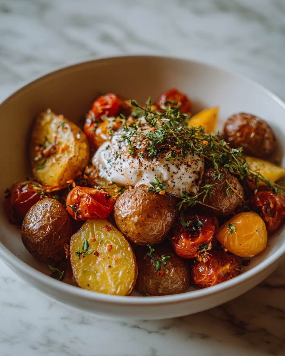 Lemon Honey Brown Butter Roasted Potatoes with Ricotta and Cherry Tomatoes Recipe - Recipe Image