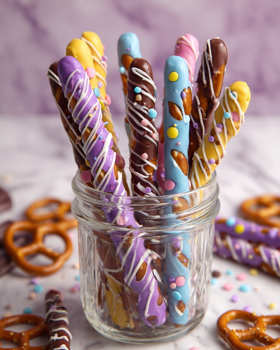Easter Pretzel Rods with White Chocolate, Pastel M&Ms, and Candy Melts Recipe - Recipe Image