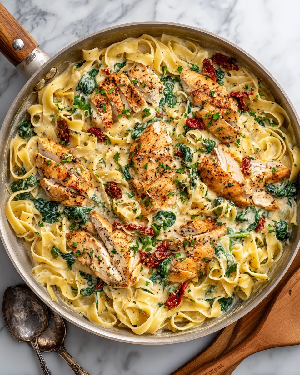 Creamy Chicken Pasta with Spinach and Sun-Dried Tomatoes Recipe - Recipe Image
