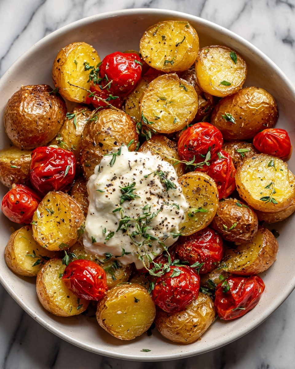 Lemon Honey Brown Butter Roasted Potatoes with Ricotta and Cherry Tomatoes Recipe - Recipe Image