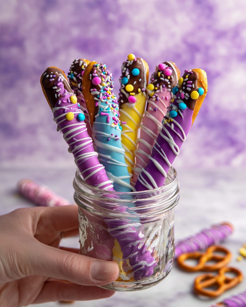 Easter Pretzel Rods with White Chocolate, Pastel M&Ms, and Candy Melts Recipe - Recipe Image