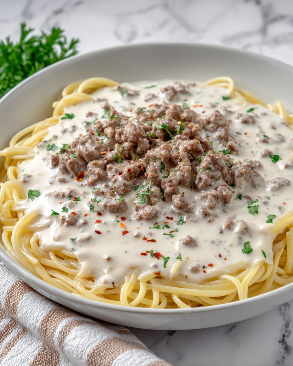 Creamy Ground Beef Alfredo Pasta Recipe - Recipe Image
