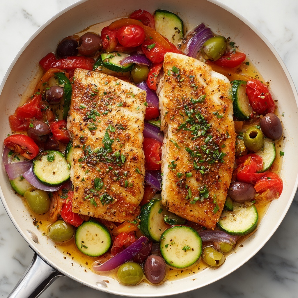 Mediterranean Baked Fish with Cherry Tomatoes, Olives, and Herbs Recipe - Recipe Image