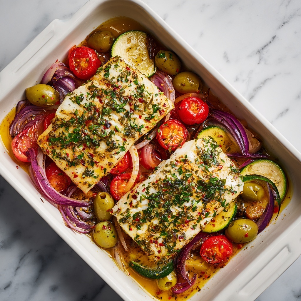 Mediterranean Baked Fish with Cherry Tomatoes, Olives, and Herbs Recipe - Recipe Image