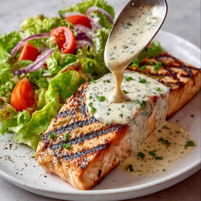 Tuna Steaks with Creamy Garlic Sauce & Salad Recipe