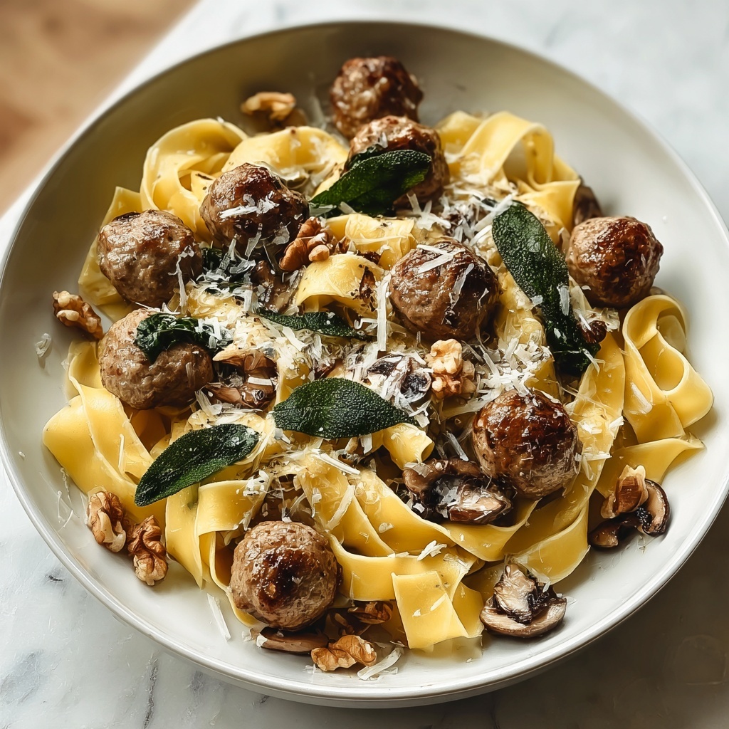 Winter Pasta with Mushrooms, Sausage Meatballs, Walnuts & Crispy Sage Recipe - Recipe Image
