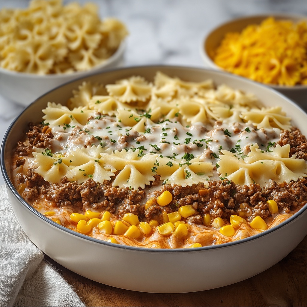 Garlic Butter Ranch Beef and Roasted Corn Bowtie Casserole Recipe - Recipe Image