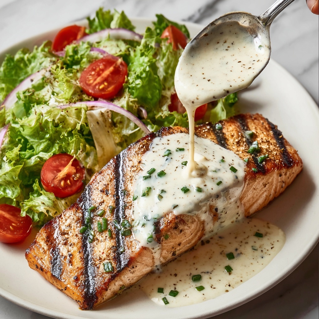 Tuna Steaks with Creamy Garlic Sauce & Salad Recipe - Recipe Image