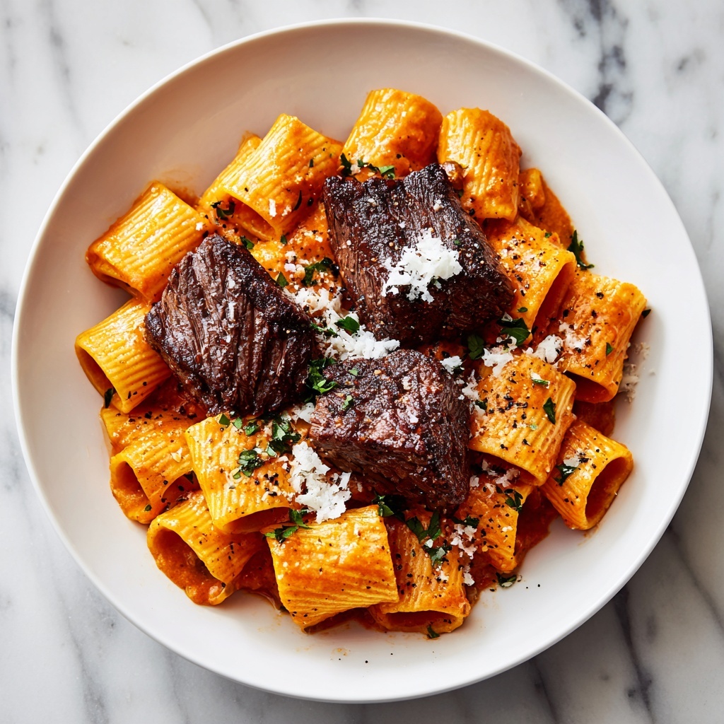 Garlic Butter Steak Tips with Cheesy Rigatoni Recipe - Recipe Image