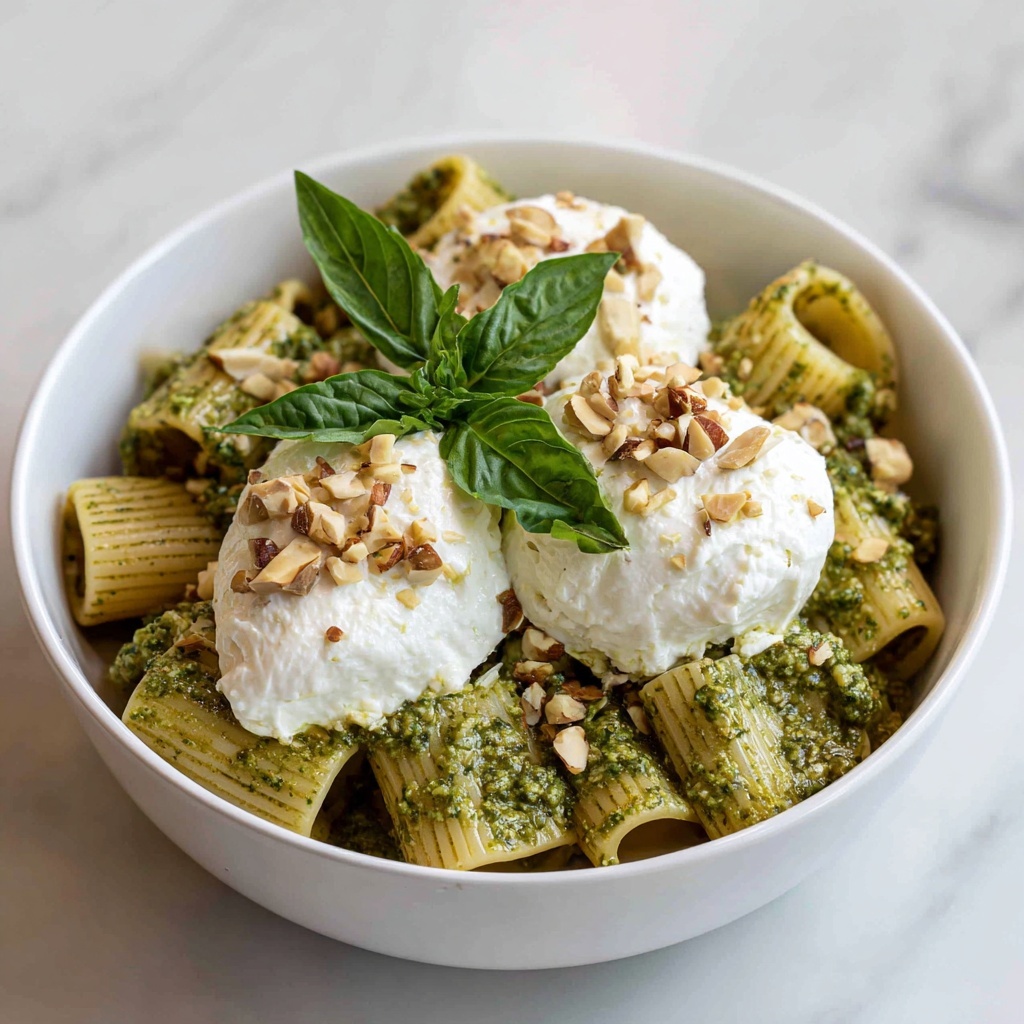Creamy One Pot Rigatoni with Basil-Pistachio Pesto & Burrata Recipe - Recipe Image