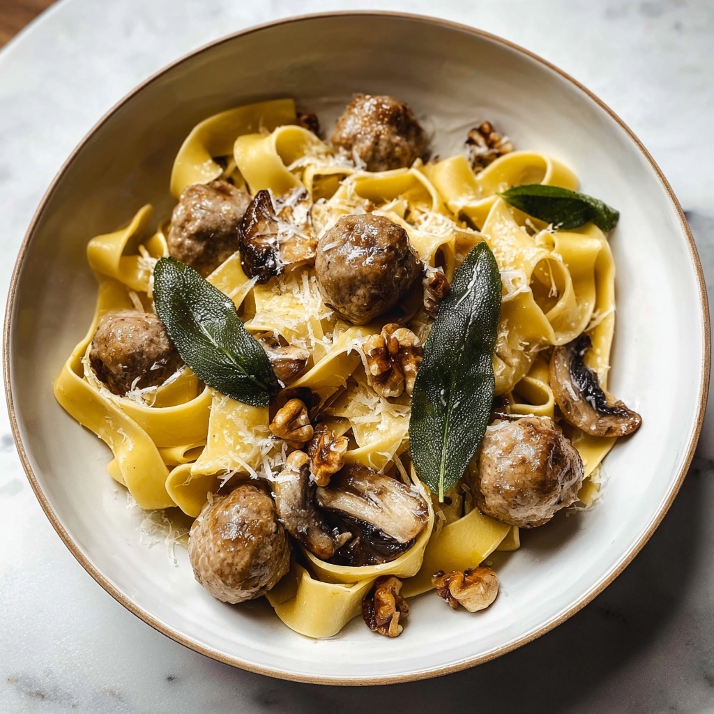 Winter Pasta with Mushrooms, Sausage Meatballs, Walnuts & Crispy Sage Recipe - Recipe Image