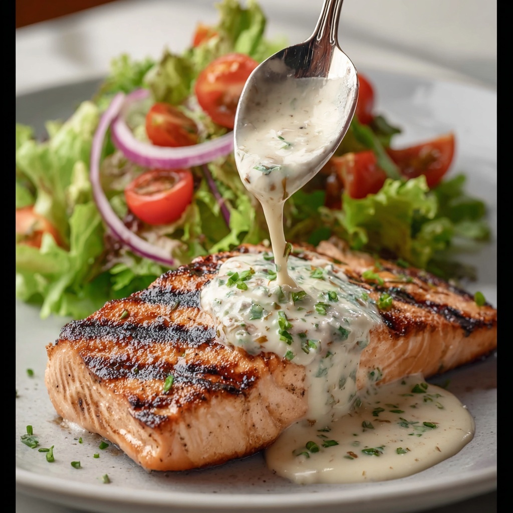 Tuna Steaks with Creamy Garlic Sauce & Salad Recipe - Recipe Image