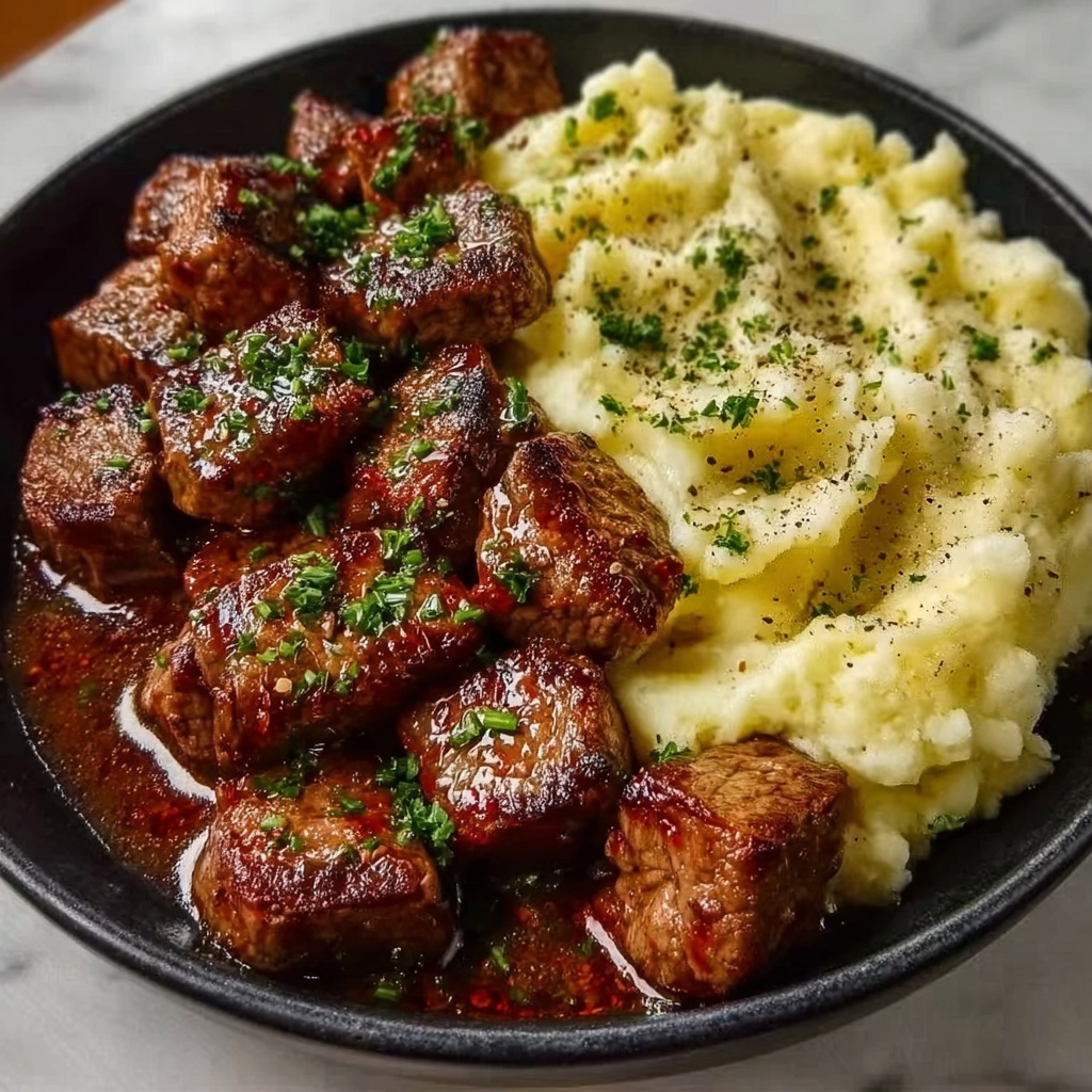 Garlic Butter Steak with Creamy Mashed Potatoes Recipe - Recipe Image