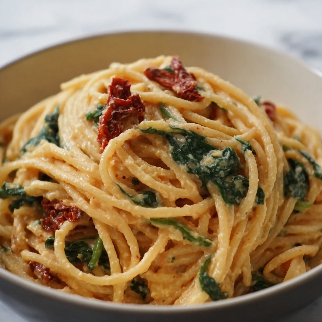 Spaghetti & Spinach with Sun-Dried Tomato Cream Sauce Recipe - Recipe Image