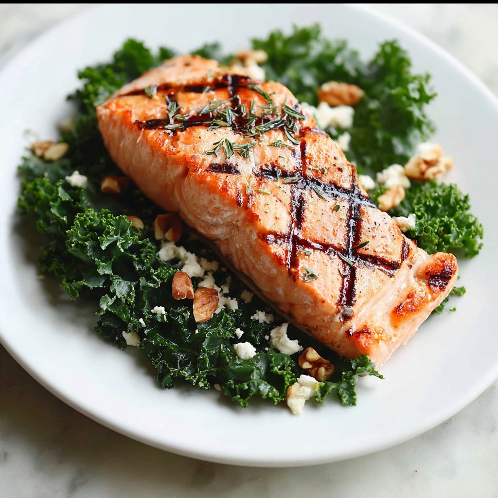 Grilled Salmon Salad with Kale, Parmesan, Pecans, and Honey Lemon Vinaigrette Recipe - Recipe Image