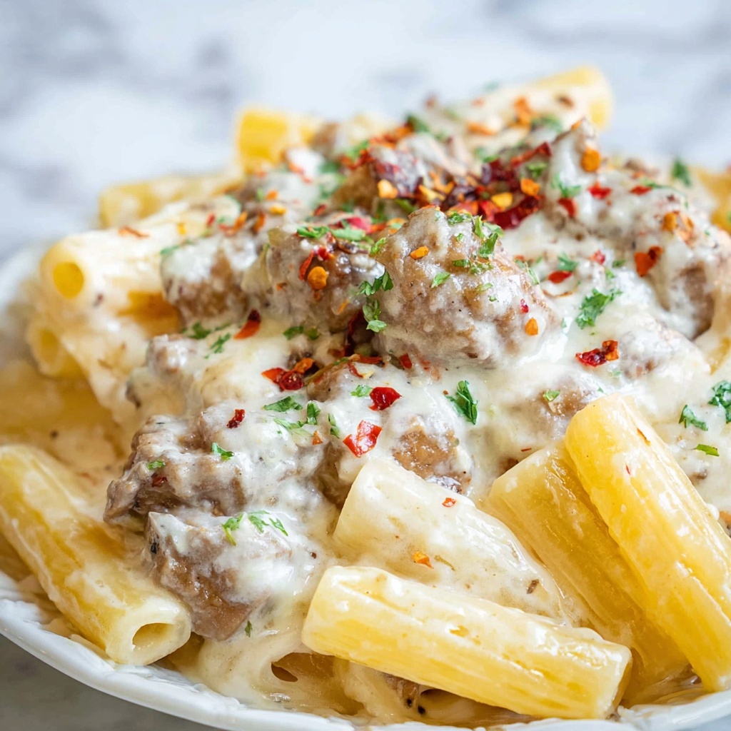 Three Cheese Italian Sausage Alfredo Bake Recipe - Recipe Image