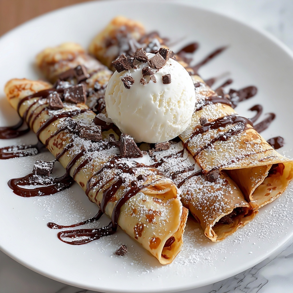 Chocolate Brownie Dessert Crepes with Ice Cream & Chocolate Drizzle Recipe - Recipe Image