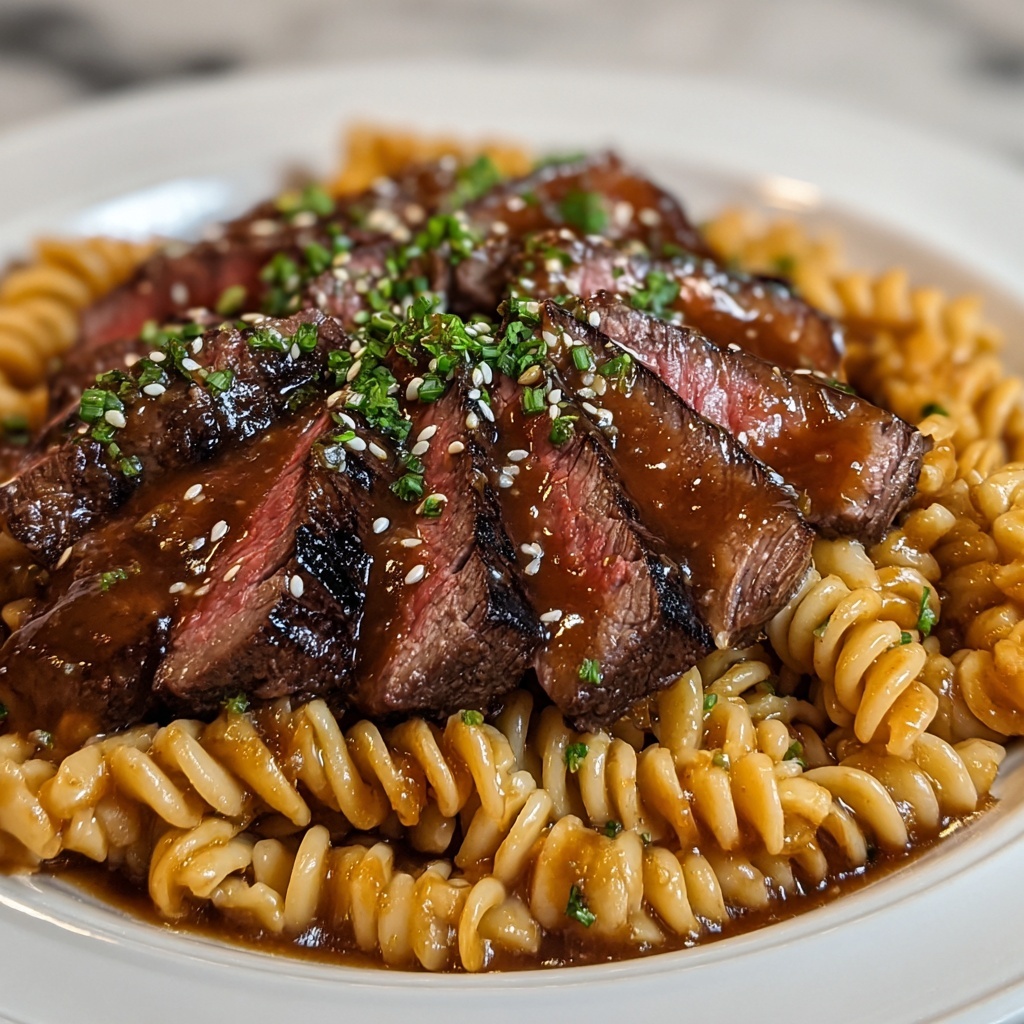 Sticky Honey Garlic Steak and Rotini Recipe - Recipe Image