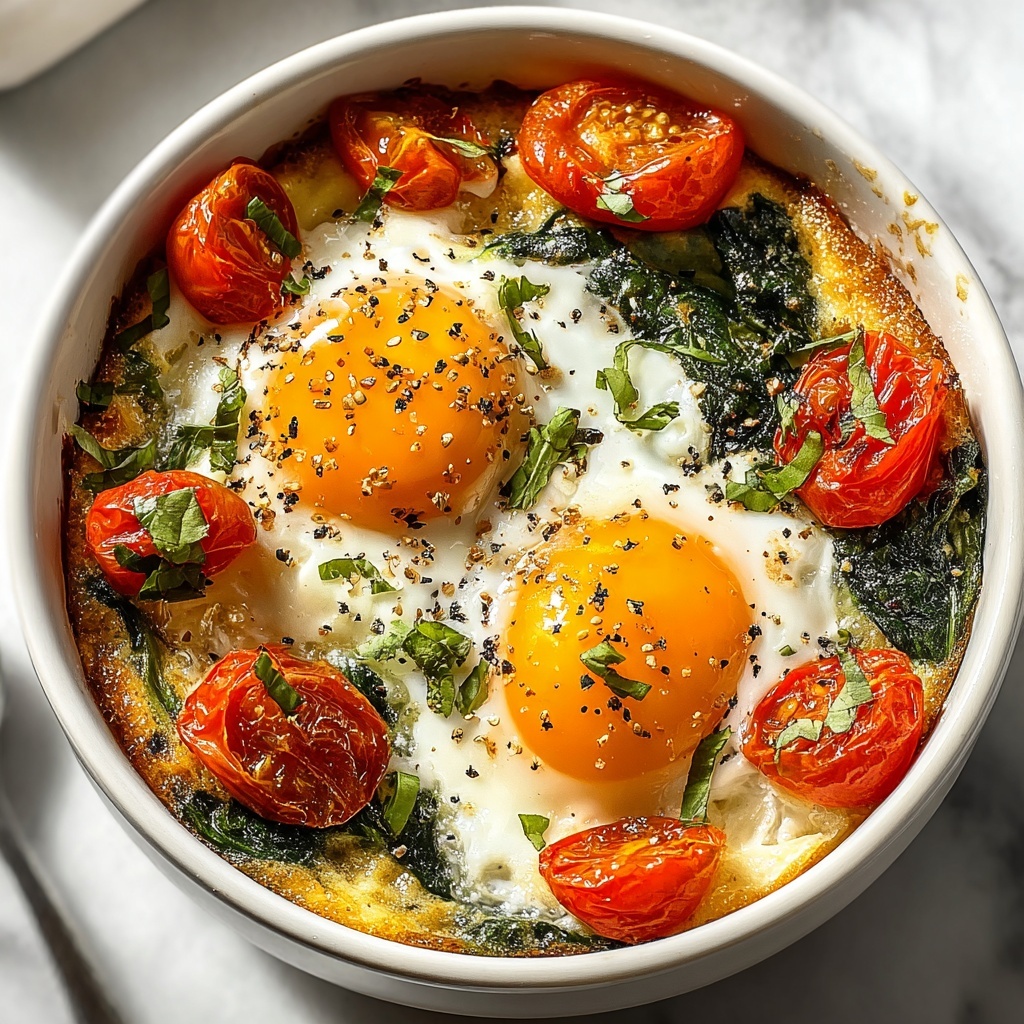 Baked Feta Eggs with Spinach and Tomatoes Recipe - Recipe Image