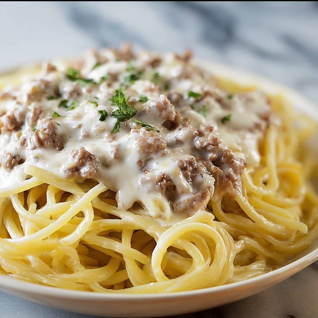 Cheesy Beef Alfredo with Linguine Recipe - Recipe Image