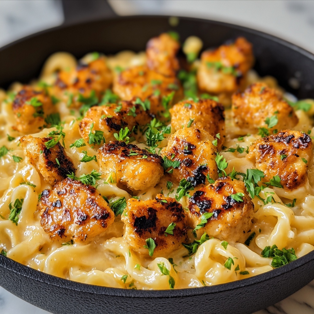 Garlic Butter Chicken Bites with Savory Creamy Parmesan Pasta Recipe - Recipe Image