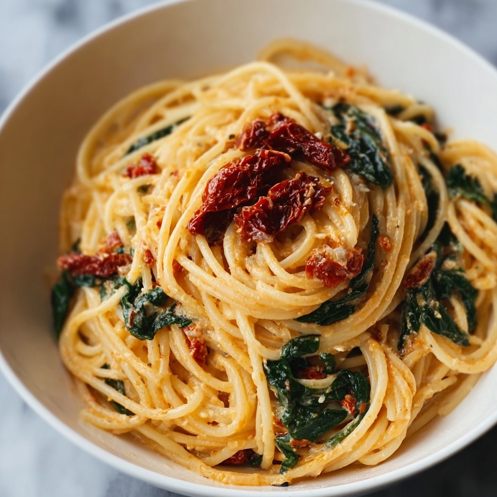 Spaghetti & Spinach with Sun-Dried Tomato Cream Sauce Recipe - Recipe Image