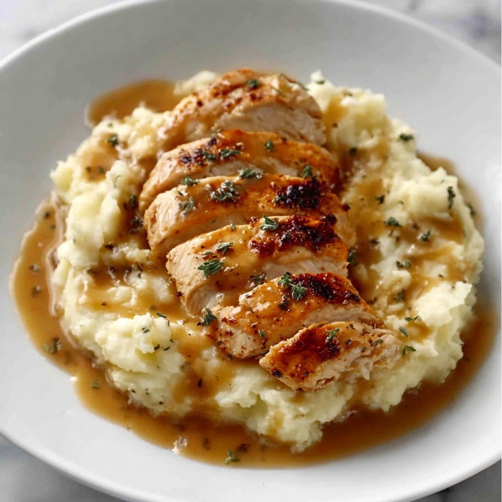 Chicken and Garlic Gravy with Cheesy Mashed Potatoes Recipe - Recipe Image