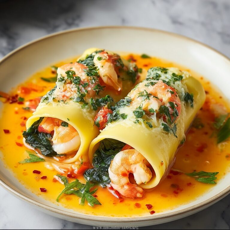 Shrimp & Spinach Stuffed Pasta Rolls with Roasted Red Pepper Cream Sauce Recipe