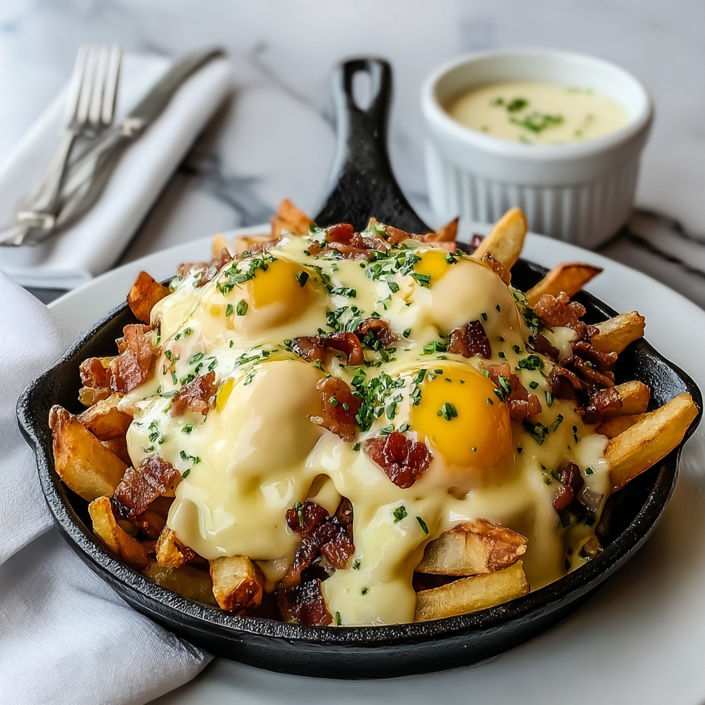 Breakfast Poutine with Crispy Hash Browns, Poached Eggs, and Hollandaise Sauce Recipe - Recipe Image