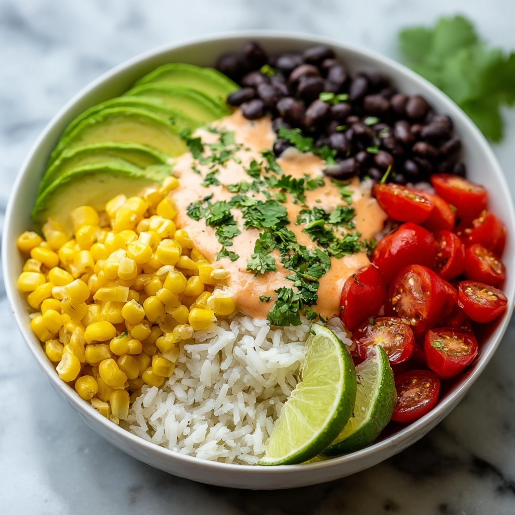 Black Bean Burrito Bowl with Chipotle Sauce and Fresh Garnishes Recipe - Recipe Image